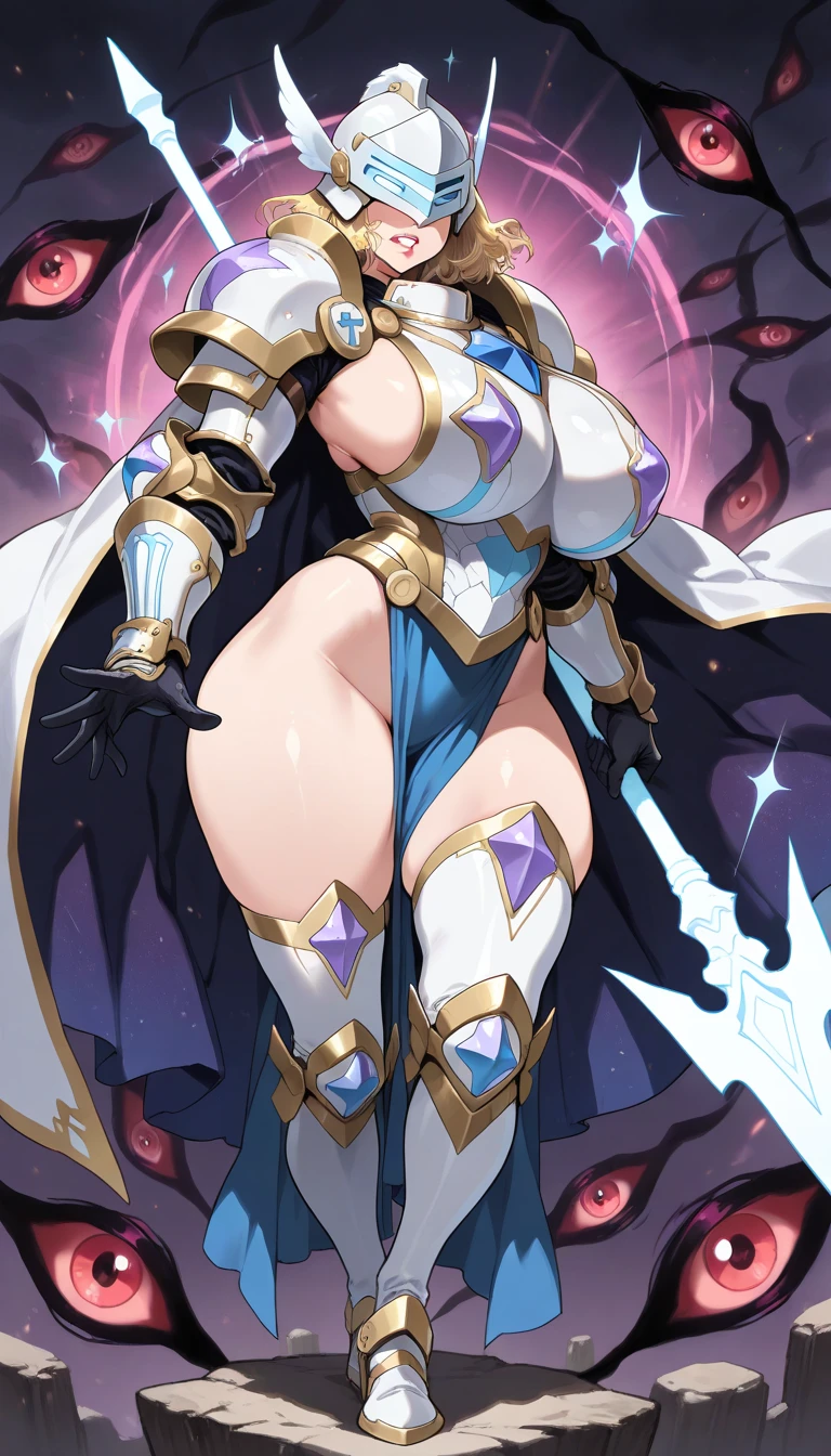 Female valkyrie Warrior, very huge breasts, silver hair, very long hair, blue eyes, white skin, slim waist, medium height, serious look, very huge breasts, very huge chest, battlefield background, battle armor, steel armor with filigree, full body view, running towards viewer, thick wide hips, wielding a spear, winged helmet, white wings ((masterpiece))