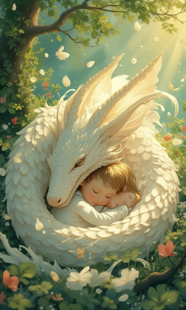 The sleeping white dragon and the boy,Leaves flying,Warm light base,organ