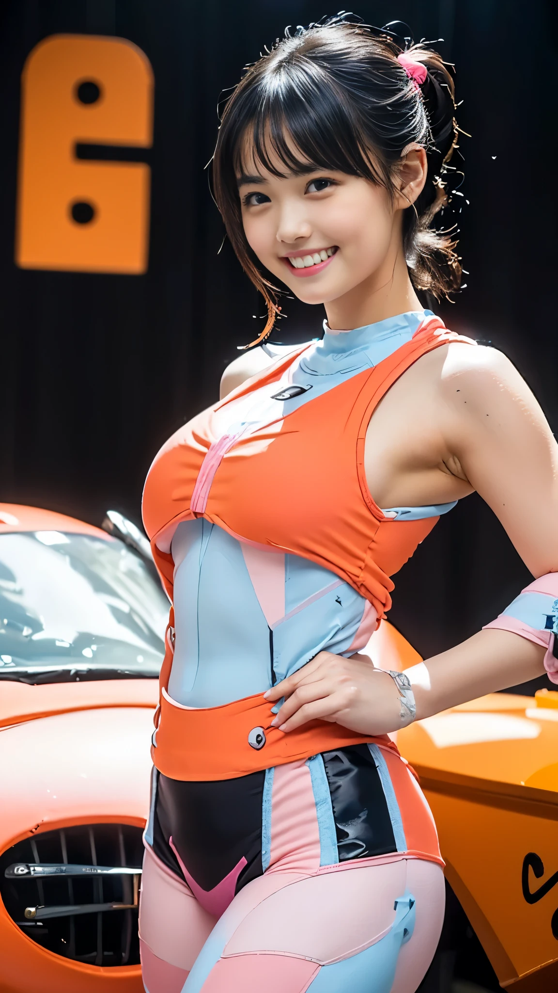 the Extremely Detailed CG Unity 8K Wallpapers, Best Quality, Ultra-detailed, masutepiece, Realistic, photographrealistic, extremely detailed cute girl, 25-years old,
(Wearing a grid girl costume with sponsor's logo printed on it:1.3), (Mini skirt ) , (Sitting in a motorsport race), ((Showing white panties:1.3)), (cleavage), Smile , Half body shot , bob cuts