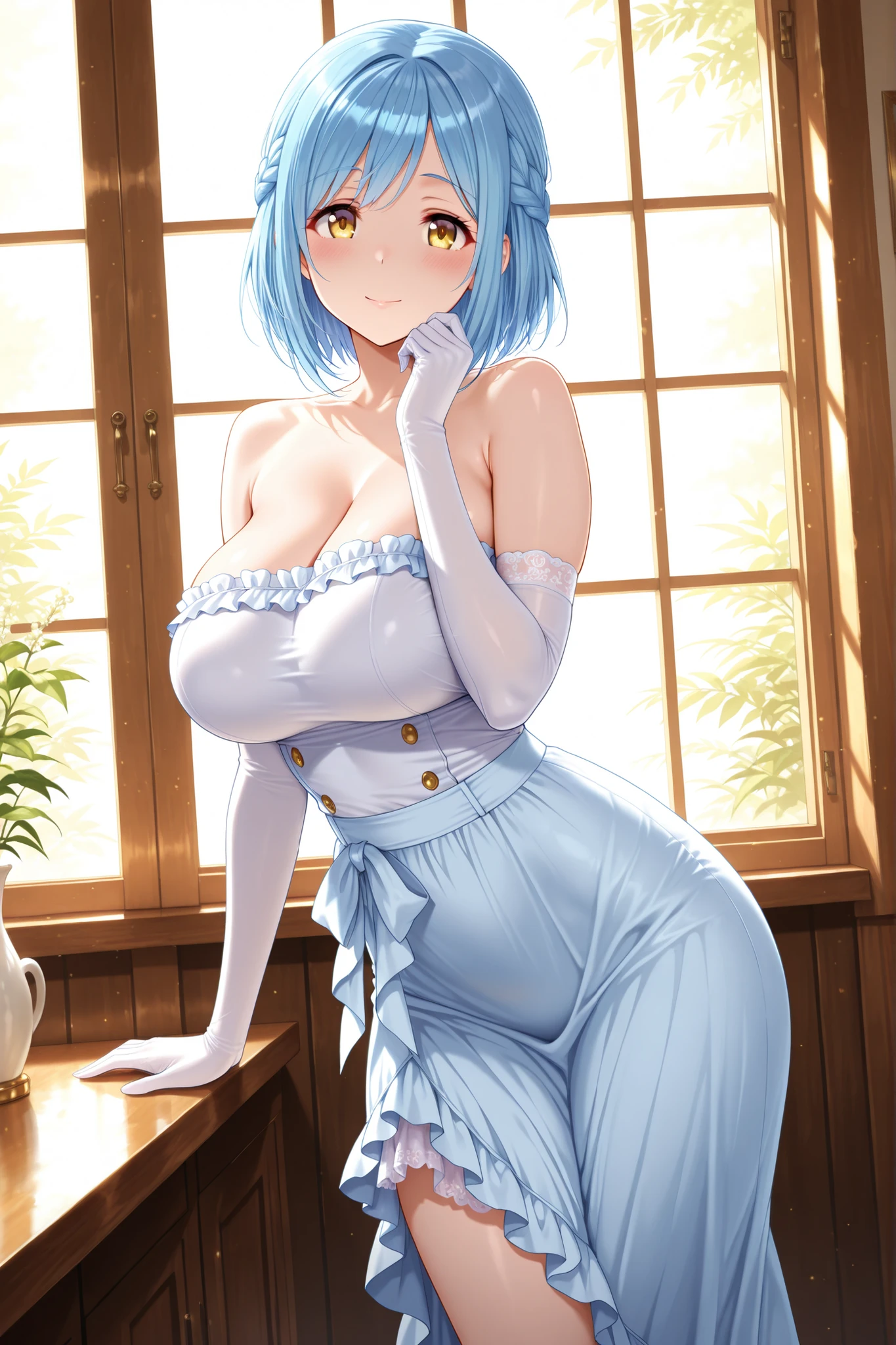 Rezero Rem, ((masterpiece)), ((best quality)), (ultra-detailed), ((sexy)), (ero), illustration, a cute girl, {{1girl}}, {{solo}}, ((beautiful eyes)), ((silk:1.3)), short hair, masterpiece,(best quality:1.2), blue hair, breasts, large breasts, {{white dress}},skirt, long sleeves, very long dressed,katsurai
