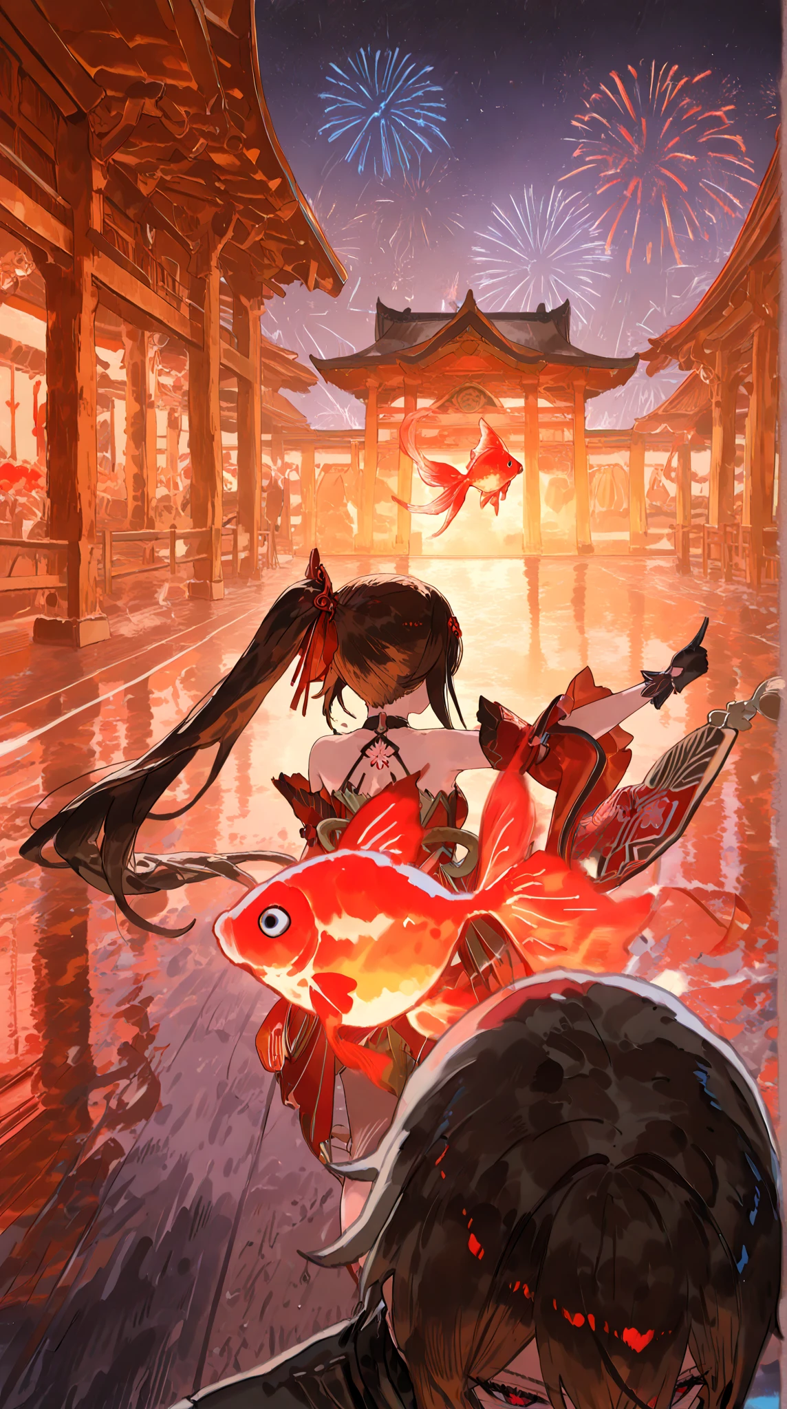 masterpiece, best quality,Chinese fairy, 1girl\(loli\) and iris red dragon, Chinese dragon pan glaring at girl, bun, dark gray background,