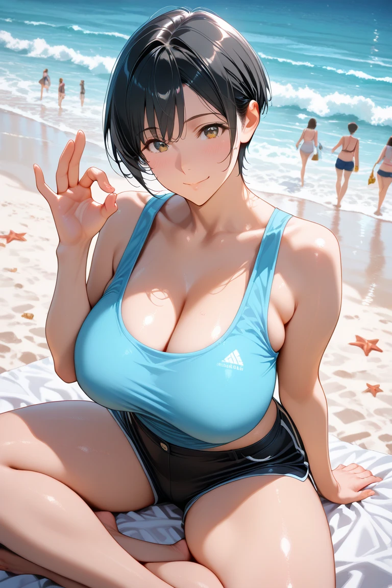 beautiful girl, 18 years old, Short hair, shoulder length ,black hair, blue eyes, big breasts, exercise clothes, white bra, Tight pink shorts,Wet with sweat, Sitting with legs spread , wear glasses, wearing star earrings, beach, Smile, close your mouth, camel toe,