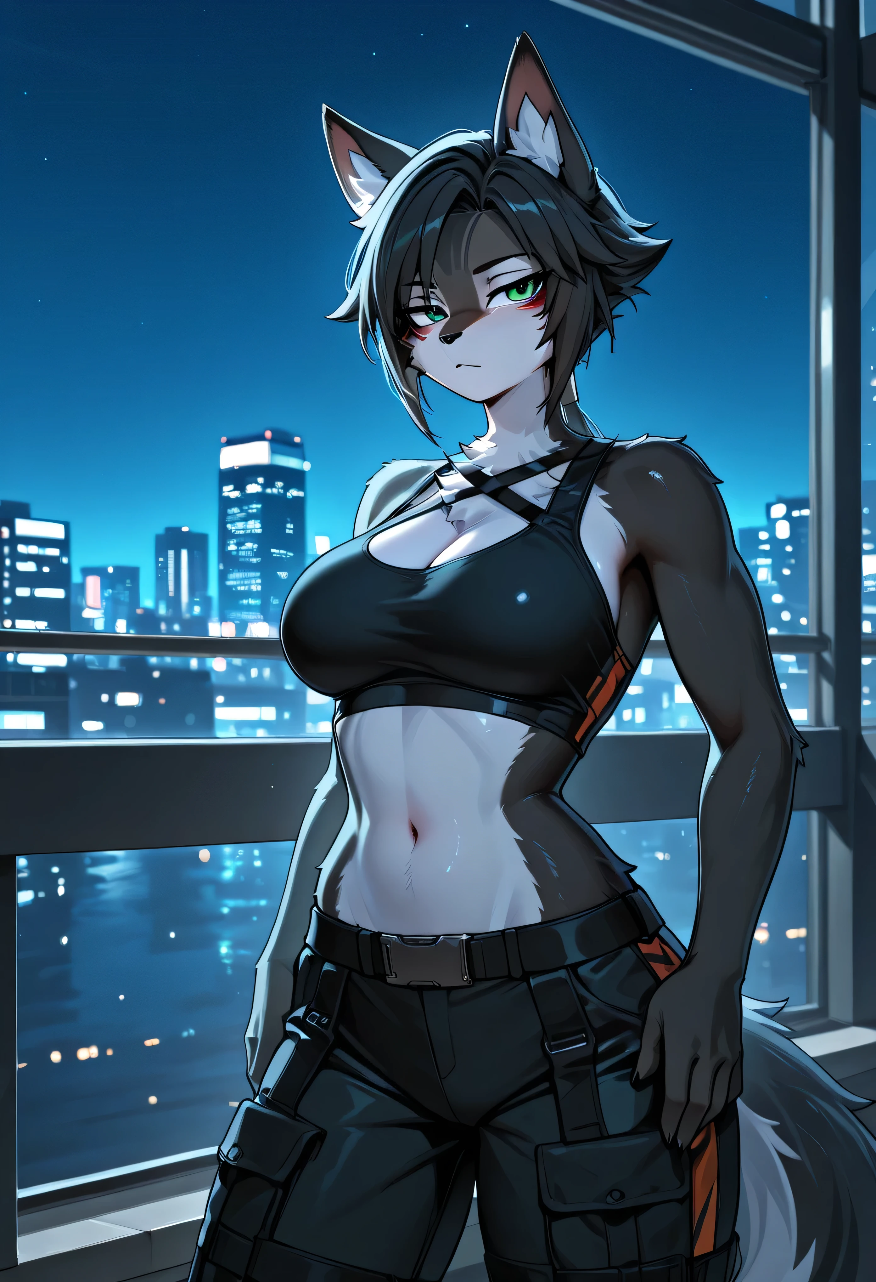 masterpiece, dynamic pose, a gorgeous (dark skin) girl over a future cityscape, depth of field, oversized shirt, off one shoulder, (shiny skin:1.4), cold lighting, detailed face, clear eyes, depth of field, messy hair, (intricate), machines, navel piercing, shy, mechanical parts, mechanical legs, glowing eyes, detailed eyes, detailed background, neon trim, neon lights
<lora:Bang-You_v3:0.5>