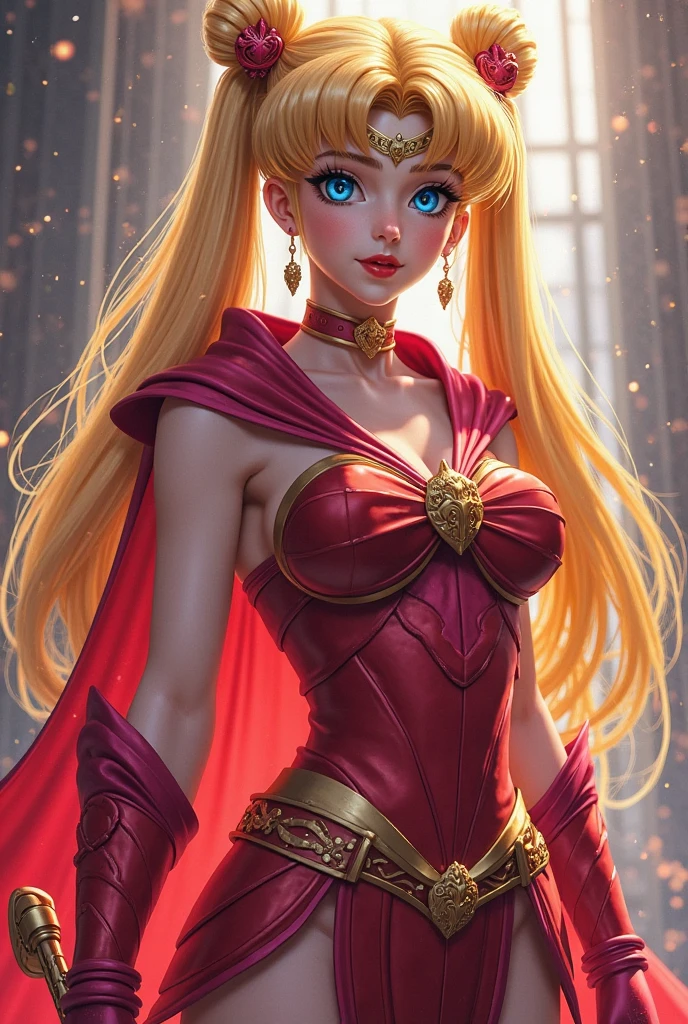 A woman wearing a necklace and holding him in the necklace with a bright red outfit card, cute eyes, looking at his energy, nice lip, long hair on the shoulder, epic exquisite character art, concept art