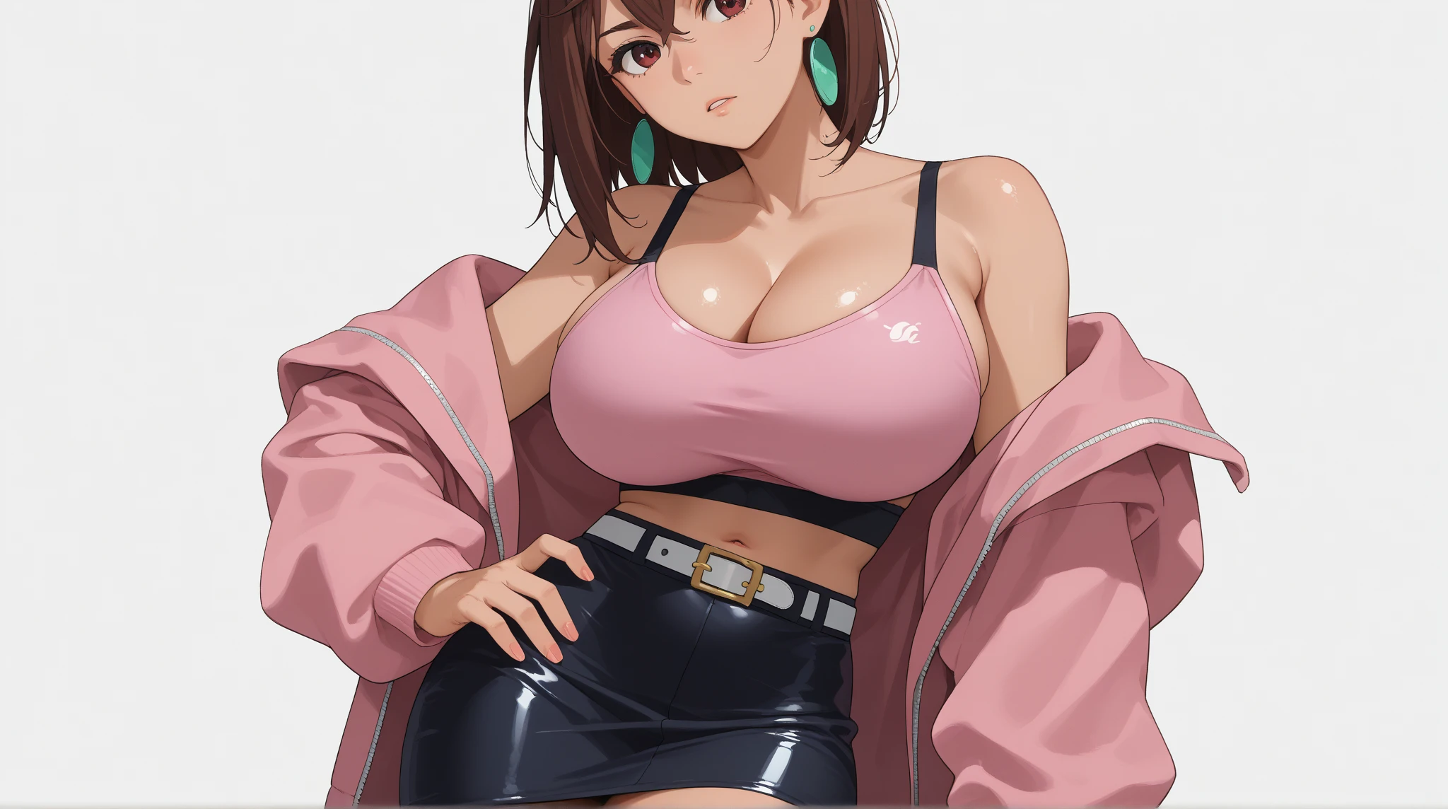big lips, Brown hair, pink eyes, japanese face, improve, improve grin, two sides up, huge breasts, Wide hips, sexy, detailed, pink room, Hits, (evil smile1.4), kawaii, pleated skirt, punk, GOOD, Pink and black suit, plaid skirt, punk shirt, choker, punk skirt, punk shirt,navel piercing