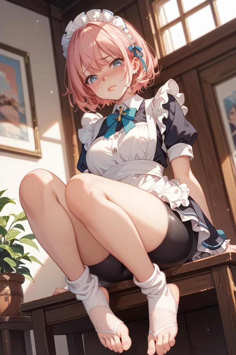 ((masterpiece, Best)), (1girl),（Sitting on the toilet） ，（Sticking your butt out），(mature woman), light pink hair, trumpet, ((office lady), bangs, mid-breasted, (full), slim, smile, [wide hips], office, standing, understood \ (blue file),