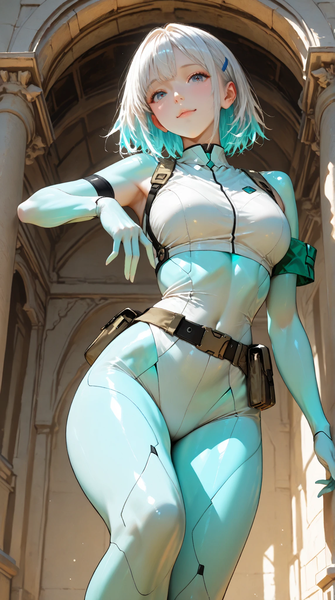 masterpiece, best quality, agrias, White leotard with a midriff cutout, standing,  green hair, high leg, wavy hair,  muscular , detailed face, muscular, She weak, she is chained, she  is standing and chain, she   being humiliated, big chest, she  suffering in pain,(alone), detailed face, age 20, she is covered in ice, ice dripping everywhere, she is sleepy
