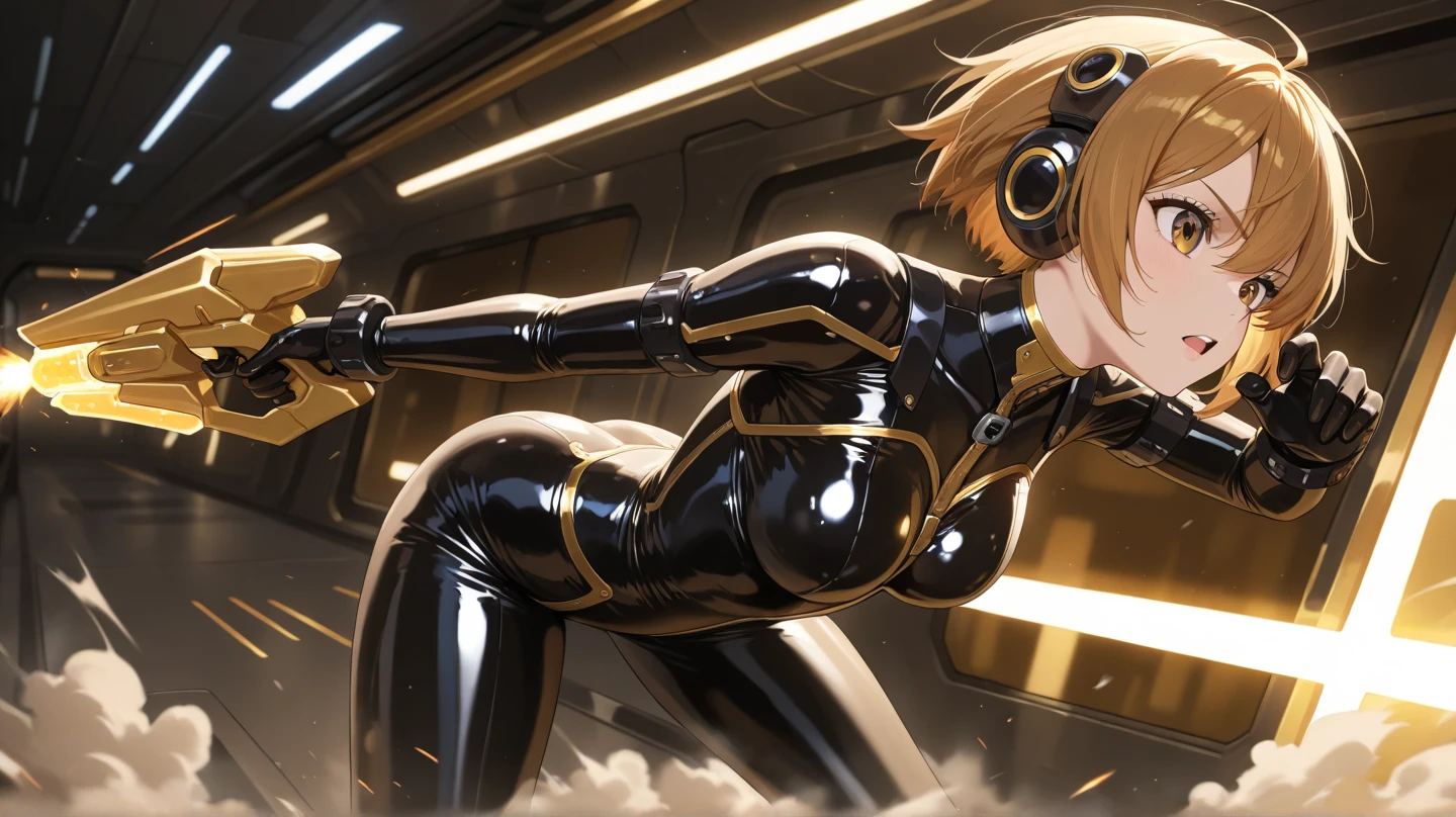 Slender woman in cool beauty style. Pointed jaws. Female Solo. yellow hair. big headphone. Yandere's look.Smile.She has very short hair. Blunt bangs.Long gloves and boots. Two cords extending from the headphones. Medium bust. Yellow as the main color、Black leotard as a secondary color. The tattoo. Latex bodysuit.Keyed choker. Sharp eyes.Inorganic background.