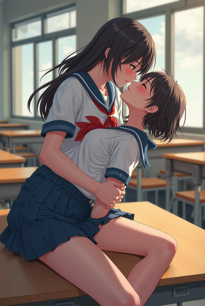 (Cute eyes:1.2), (classroom:1.2),(Beautiful Eyes:1.2), Highest quality,wonderful,finely,Highly detailed CG Unity 8k wallpaper, (Hug from behind:1.5),(Put your hand in the skirt:1.3),(sexual harassment:1.2),(Love juice:1.3),(kiss:1.3),(Two people with height difference:1.5), (Two Girls, Sailor suit, Skinny body, Dressed), (Huge breasts), (Open your mouth:1.1),(White knee socks:1.3),(Thighs:1.3),(Waistline:1.2),(お揃いのSailor suit:1.2),(From behind:1.2),(Beautiful eyes:1.2),(Different hairstyle),(They both have different eye colors:1.5),(They both have different skin colors:1.5),(Thighsまで隠れるニーソックス:1.2),(Very short skirt:1.3),(Arms don&#39;t stick together:1.2)