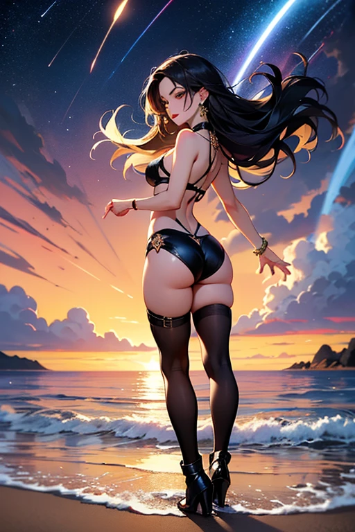 8k, masterpiece, RAW Photos, highest quality, Realistic, Very detailed, Depth of written boundary, Cinematic Light, Anatomically correct body,
One beautiful 40 year old woman, (Very beautiful face:1.2), (Exquisitely detailed face:1.2), (A seductive face:1.2), (Very delicate skin texture:1.2), Transparent muscle, Shiny white skin, Glamorous Body,
(Wavy black long hair:1.2), (Sexy Breasts:1.1), (Sexy ass:1.1),
(See-through beach long dress:1.2), (Detailed cloth texture:1.2), (Gorgeous necklace:1.1), (Gorgeous earrings:1.1),
(Dark starry background:1.4), (Milky Way:1.1), (milky way:1.1), (shooting star:1.1), (Dark coastline at night:1.4), (Pitch black sea surface:1.4),
(Standing on the beach:1.2),