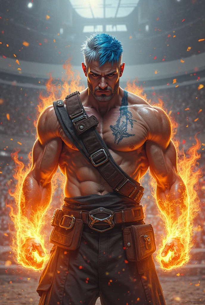 

"Desenhe Thoran Firebrand, an imposing and fierce warrior. He's muscular and robust, exuding an intimidating presence. Thoran holds a heavy battle axe, with blades that seem to glow with heat. His body is marked by scars from past battles, and he channels the red element, representing fire, that envelops his hands and the axe in intense flames. His expression is one of fierce determination, as he prepares to incinerate his enemies with a powerful blow. The armor he wears is dark and tough, with details reminiscent of burning embers. The background should suggest a battlefield or a fire-ravaged landscape., further highlighting Thoran&#39;s destructive power."

