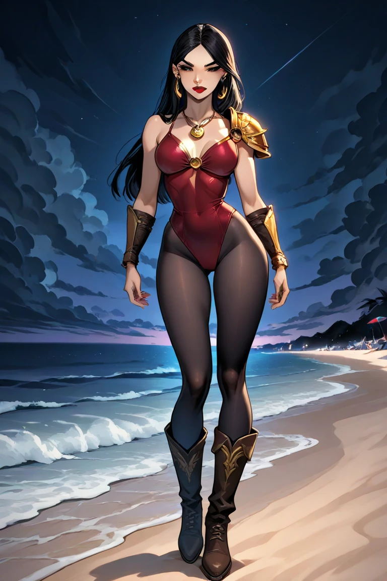 A fierce Brazilian queen stands tall on the sandy beach, her regal presence commanding the attention of all who lay eyes on her. In the background, dark storm clouds gather, crackling with lightning and threatening to unleash their fury. But the queen remains unfazed, her fiery spirit burning bright.