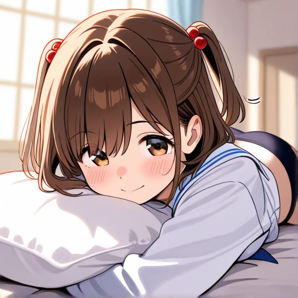 kurokoshirai, kuroko shirai, brown hair, long hair, (parted bangs:1.5), (brown eyes:1.7), Ringlet, twin tails, hair bow, bow, red bow, (Small breasts:1.5),
break,Gym clothes and bloomers:1.3、twin tails、
break looking at viewer, whole body,
BREAK Bedroom、
break (masterpiece:1.2), highest quality, High resolution, unity 8k wallpaper, (shape:0.8), (fine and beautiful eyes:1.6), highly detailed face, perfect lighting, Very detailed CG, (perfect hands, perfect anatomy)、Lying in bed、Sweaty、Full body portrait、Sleeping on your stomach、Butt Emphasis、Shooting from behind、Naughty smile:1.2、blush:1.3、Sweaty:1.3