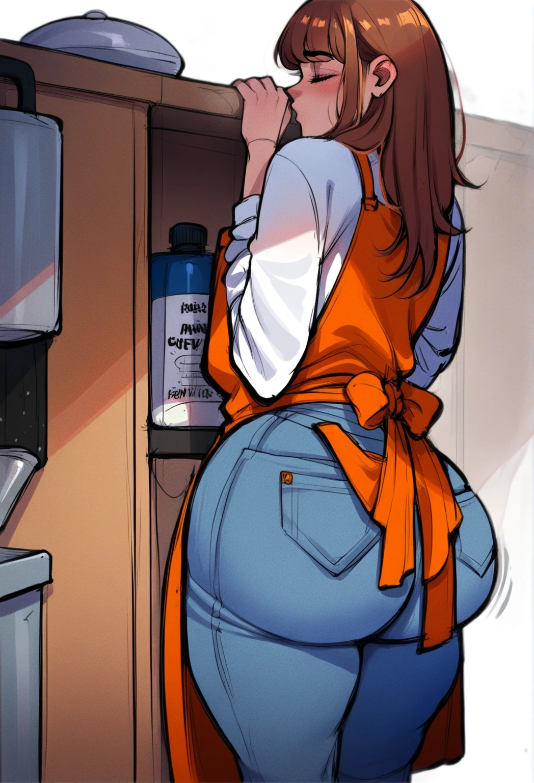 Bbw with huge bloated belly, plump, belly roles, plump, at a seaside bar, summer clothes, hair buns, happy, pooping her pants, messed pants, messed, messy, high quality, posterior view, looking back