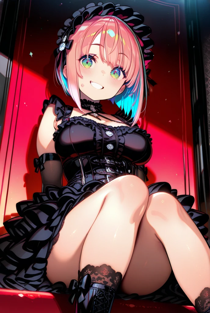 Girl with pink hair, long twin-tail hairstyle, ((small pink bushy eyebrows)), dressed in gothic lolita clothing, lolicon (Zankuro) drawing style by zankuro artist, Zancro style, image uploaded to R34, ((flirty smile)) , in a restaurant , lifting her dress to show her wide, naked hips, underwear in her hands, breasts out ,