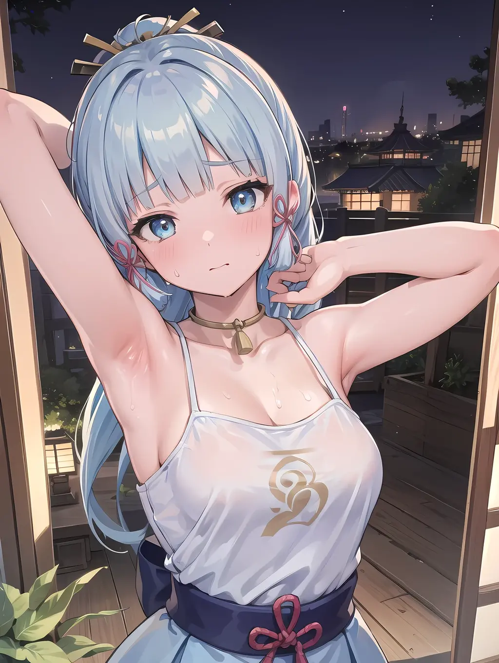 ((masterpiece, best quality)), high resolution,ultra detailed,8k,16k,detailed background, perfect lighting,detailed beautiful eyes, 1girl,solo,embarrassed,blush,steam,sweat,wet,in heat,look at viewer,face focus,(from above:1.2),(front view:1.2),upper body,provocative eyes,fisheye lens,be breathless,(show off armpits),cum on armpits,
,kamisato_ayaka,light blue hair,hairclip,green eye,kawaii,age,medium breast,old japanese house,night sky,nude