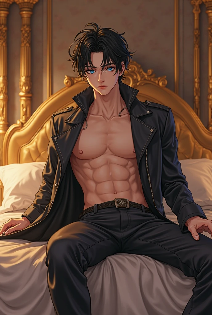 Very detailed black hair boy, detailed realistic blue eyes, face in high quality and with image quality, muscular, naked, Sitting in an armchair, touching his cock