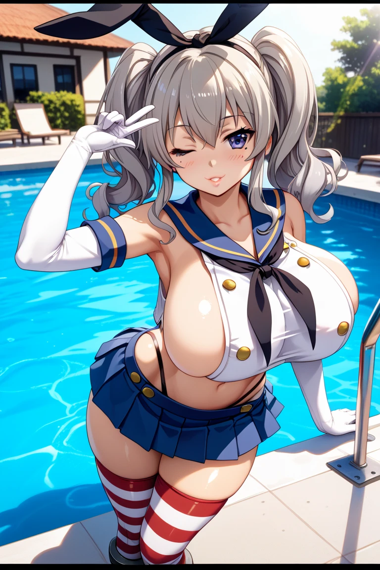 Super-detailed, 8k HD, Rumi Usagiyama (My Hero Academia), 1 girl, solo, long white hair, detailed hand and face, busty body, curvy body, big breast, large butt, black bikini, tan skin, walking by the pool