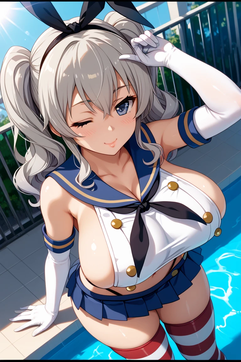 score_9, score_8_up, source_anime, asanagi, by muk \(monsieur\) BREAK, 1girl,lawine, grey hair, blue eyes, looking at viewer, slight smile, masterpiece, best quality,pool side, looking at viewer, {{{leaning forward}}}, big ass, anus, sheer high leg outfit,