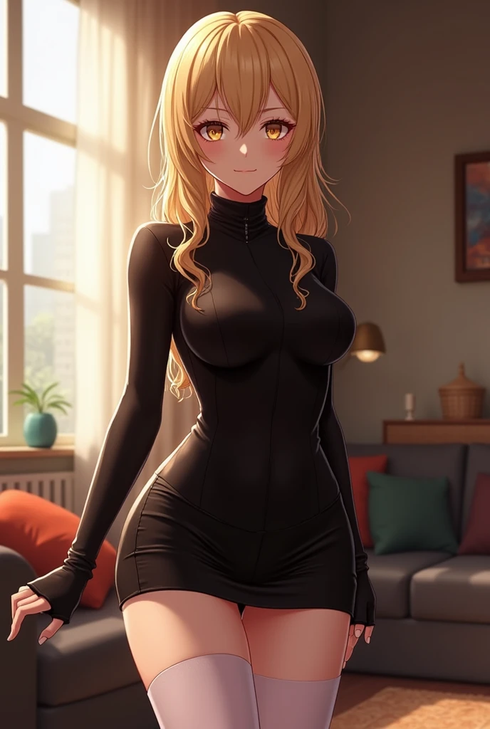 anime, beautiful face, highly detailed face, 2 accurate legs detailed eyes, highly detailed background, perfect lighting, accurate arms, accurate hands, accurate fingers, beautiful blonde hair, full body, 1girl, solo, ruby hoshino, oshi no ko, indoors, detailed heels, black heels, detailed thighhighs, absurdres, high res, ultrasharp, 8K, masterpiece, looking at viewer, teasing smile, elegant pose, clubbing, in a nightclub,  nightclub outfit, beautiful short pencil dress, pencil skirt, one hand near face 