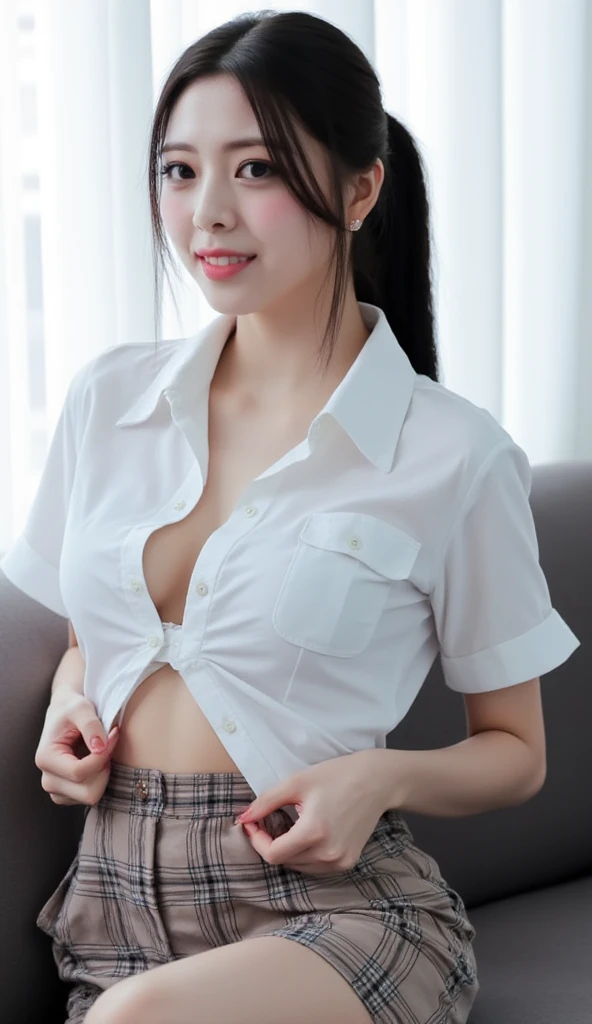 A female detective wearing a dress shirt and ripped jeans。Tied up with rope。The chest is open。
