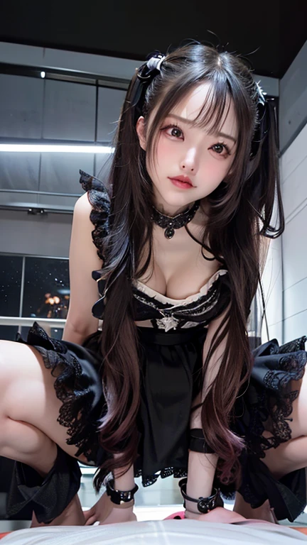 NSFW image、((night、real light、highest quality、8K image、masterpiece:1.3))、非常にdetailed eyes、highly detailed face、Highly detailed skin texture、(Beautiful girl with normal body type:1.4)、(beautiful brown hair:1)、Completely naked、Knitted off-shoulder dress、sexy、constricted waist、thin thighs、look at the viewer、blush cheeks、super detailed face、detailed eyes、Happiness、A big smile、
