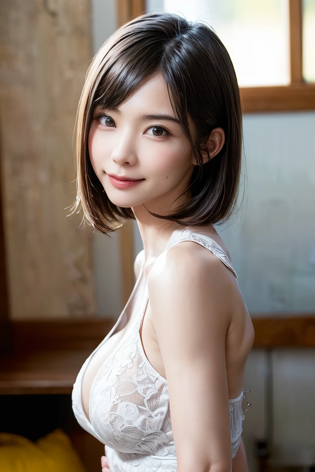 (masterpiece, Highest quality),One Girl, alone, hyper Realistic, Realistic,Realistic, Looking at the audience, Light brown eyes:1.4,Brunette Short Bob Hair with highly detailed shiny hair, Brightly colored winter clothes, Lepangas:1.4), Plein Air, Mouth closed, Upper Body、big chest eye、eyelash、{Hugeな|big chest|Hugeなな|Mega} chest:2, chestの谷間:2、{Huge|big|Hugeな|Mega} chest:2, chestの谷間:2、(((big chest eye、Short Bob Hair、Glowing Skin、Shiny Hair、Student Highlights、Gazing at the audience、She is very beautiful and cute、Listen carefully、Long neck、smile、Close your mouth and smile、bangsと美しい歯、bangs、Perfect Anatomy)))、Ideal body type、(Snowy tree-lined road in winter in Norway, Out of focus background)、美しいLong neck:1.4、Very attractive, Beautiful and cute woman