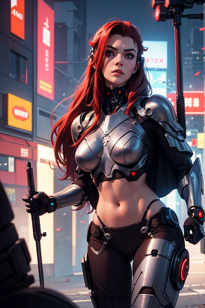 8K,A woman with one arm who is a cyborg,Super Beauty(Realistic Skin),Martial Arts Posture,Powerful gaze,Muscular, slim body and lower body,Fearless smile,Red hair mohawk,Perfect Anatomy,charm,Volume measurement,Body balance,Digital single-lens reflex camera, Soft lighting, Detailed Background, Written boundary depth, Volumetric lighting, Sharp focus, Absurd, Realistic proportions, Excellent anatomy, (Realistic, 超Realistic:1.4), 16K HDR, dawn,A High Resolution,super Realistic 肌,Super beautiful expression,Fantasy art,Character Art,Wind effects:1.9、Cloud Effect:1.2、Full Rendering、Professional quality high resolution、Perfect contrast、Perfect lighting、Perfect composition、Perfect Skin、Perfect Fingers、Perfect breasts、Perfect Hair、Perfect Face、Realistic facial features,super highest quality,Slim figure,Perfect body line,Perfect hand shape,Anatomical body balance,Highly detailed face,Highly detailed eyes,Beautiful Lips,Excellent light particles,Cinema Lighting,Makeup,Ultra-high resolution,Ultra-Realistic Skin,Lightweight combat costume,BATTLE MODE,Throwing a fist,attack,