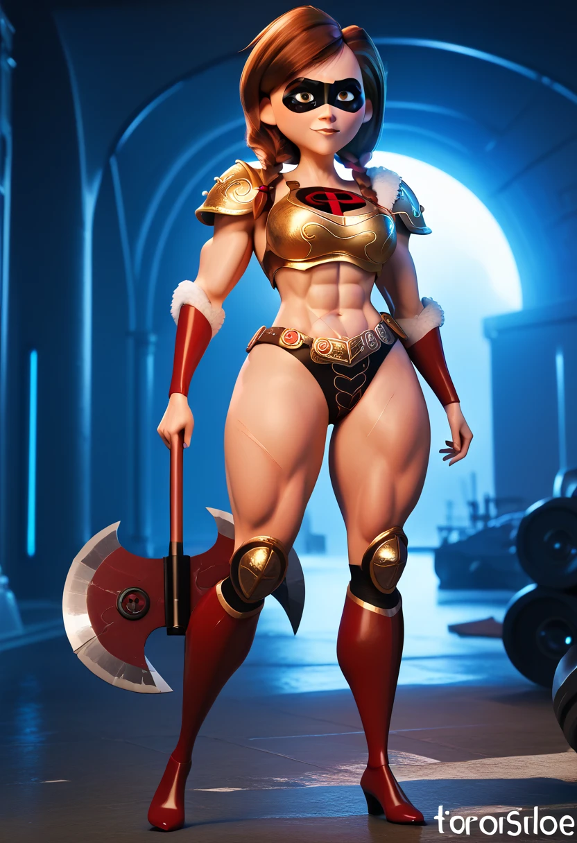 (female:1.2) (bodybuilder:0.8), masterpiece, photorealistic, smiling face, closed eyes, iron head protector, large breasts, muscular neck, muscular arm