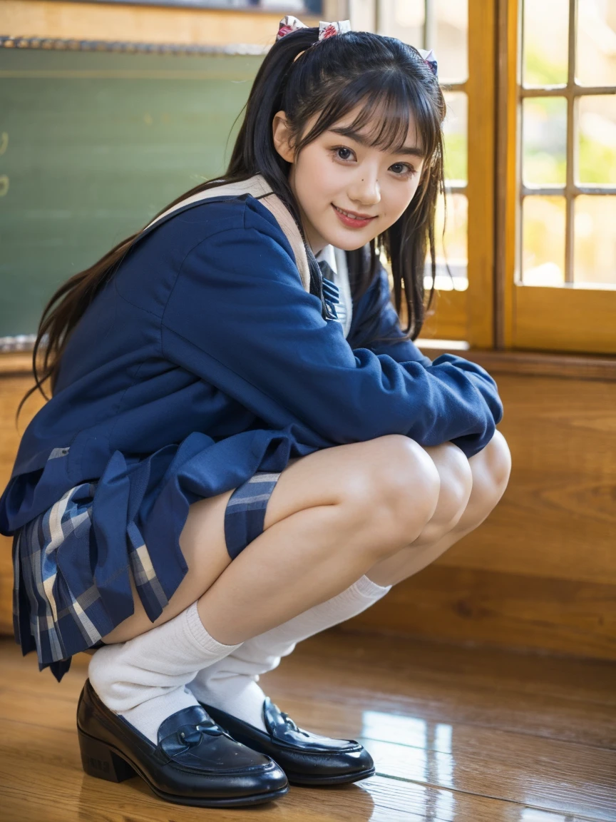 ((highest quality、8k、masterpiece:1.3)),((((fullbody shot)))),Ultra-high resolution,big eyes,Japanese,bangs,(a girl),(1 girl),((20 years old)),((facing at viewer)),(long hair),(((black sailor uniform))),grin,((squatting)),(pleated mini skirt),(((pussy))),((pubic hair)),((skirt lift)),(((white short crew socks)))