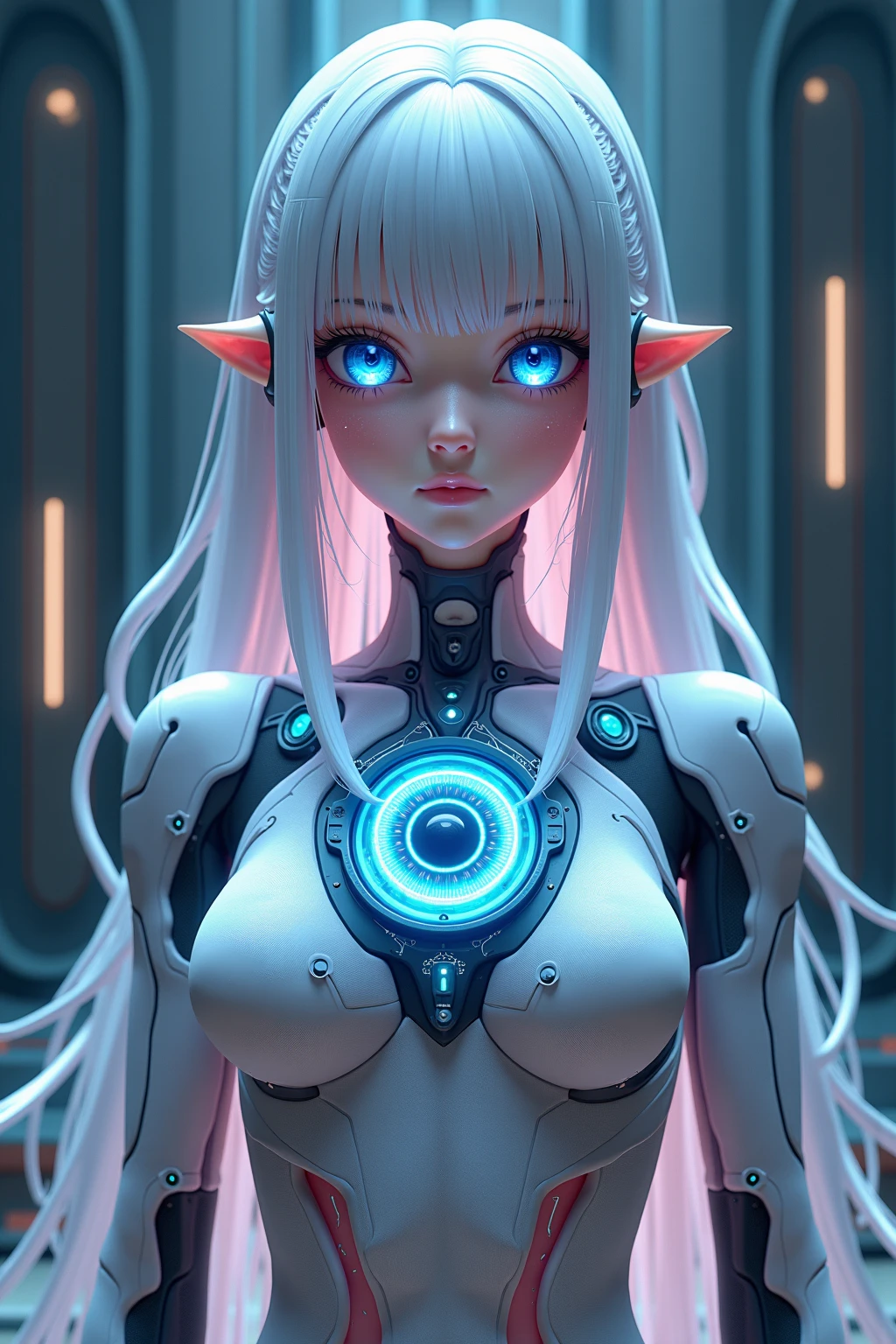 An adult robot,white in color and long blue hair with a tiara holding her hair, not very realistic and with a red laser spear in his hand