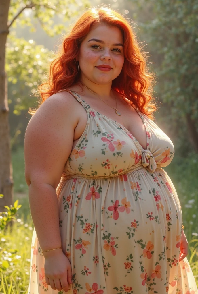 A happy photo of a young beautiful redhead girl bbw with long curly ginger hair soft fat belly, wide fat obese hips, thick fat legs and fat arms, cute pretty face, blue eyes, freckles, in a loose long flowery summer dress, holding Beautiful flowers