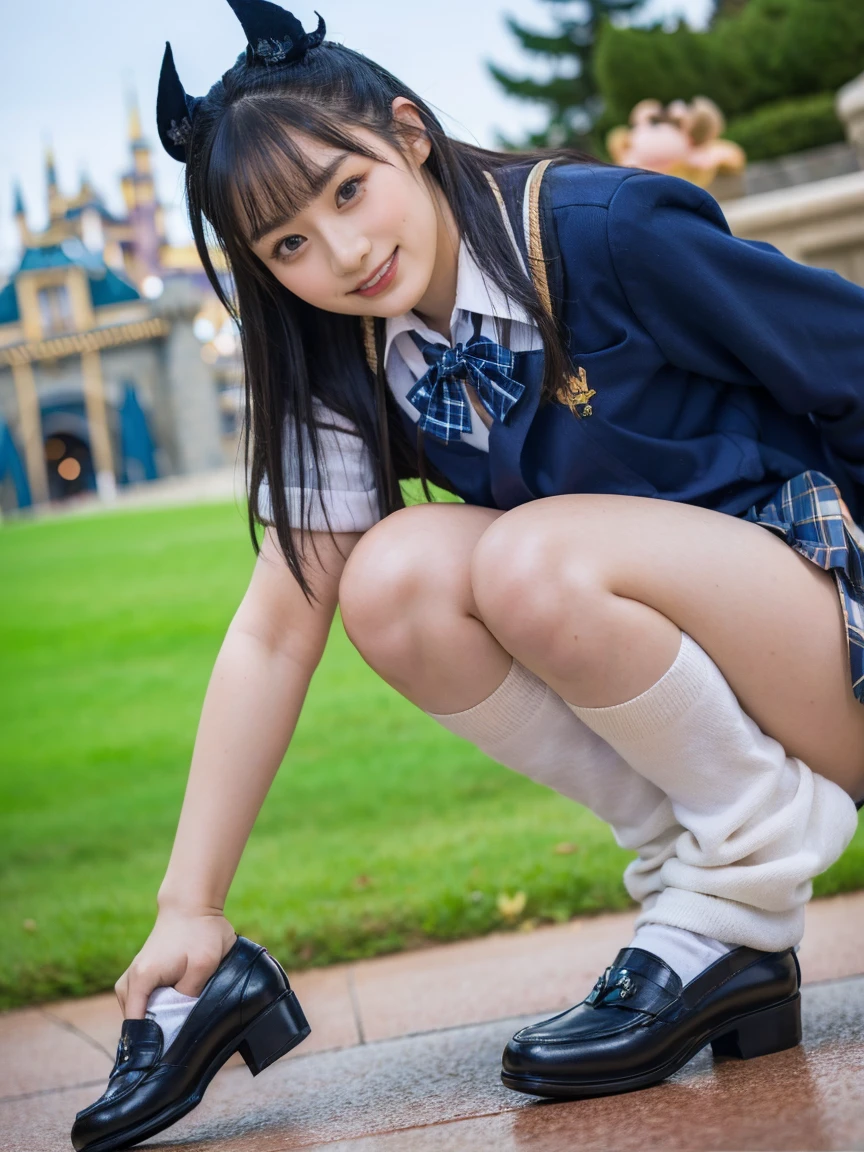 (photorealistic:1.4), best quality, masterpiece, raw 32k photo, (extremely detailed japanese beautiful girl), (extremely detailed eyes:1.2), (cute face:1.2), ultra-detailed, ultra high res, amazing, BREAK,squatting,
(school uniform:1.5), (full body:1.2), detailed school girl, (disneyland:1.3), beautiful detailed girl, bangs, cute face, miniskirt,loafers,exposed panties