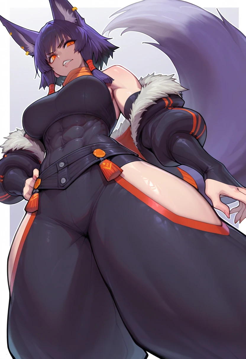 bat fruit girl add high definition_detail:1, blue fur, tribal tattoo add_detail Ferocious fangs, sharp teeth, Yokai kitsune, long snake tongue add_detail:1, Wide hips, add_detail:1