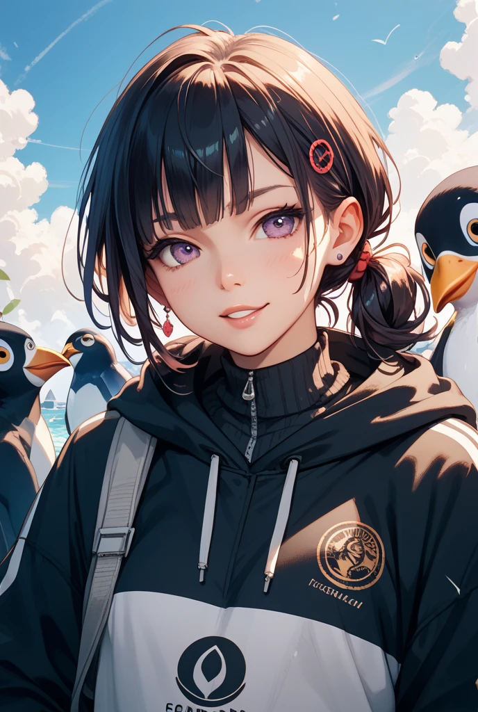 masterpiece, best quality, highres, a cute girl, holding a pinguin, in the antartic