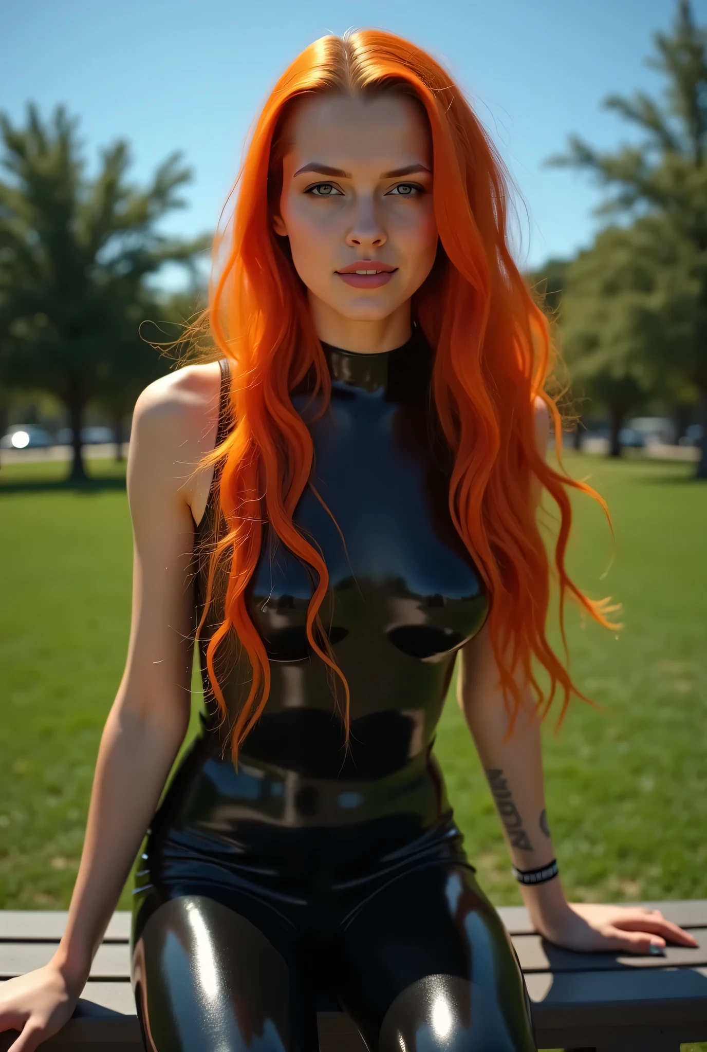 sam, long orange hair, green eyes, black sheer shiny latex bodysuit, looking at viewer, serious, smiling, hand on bench, 
sitting on bench, spreading legs,  park, trees, blue sky, extreme detail, hdr, beautiful quality, analog,  