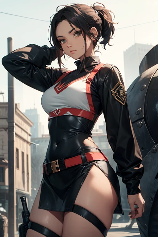 Adult woman, Orc fangs, short brown hair, Punk hairstyle, Brown eyes, ciberpunk, The Monk of Street Fighting, brawn, smirk, Masterpiece, hiquality