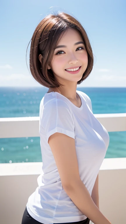 table top、(highest quality、4k、8k、High resolution、master piece: 1.2)、Super detailed、(real、photorealistic、photorealistic: 1.37)、full body shot、Complex and beautiful eyes、woman、Tshirt、short hair、big breasts、natural color lip、bold and sexy pose、smile、Ocean、20 year old girl、Cute and sexy shot looking at the camera。