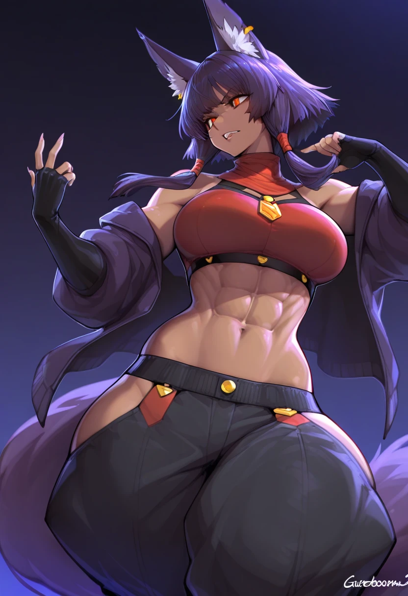 character, dark skinned woman, with red eyes, Pretty long black hair with ponytail, strong body and somewhat large thighs and chest, wearing a black and gray hero costume., up to the neck with black stockings with Black with gray, brown gloves and a belt, in a rude pose, fighting pose