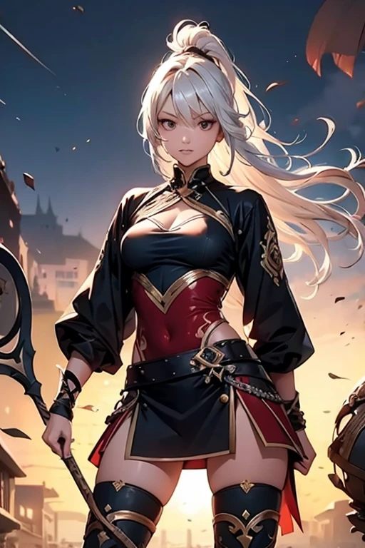 ((masterpiece)), (((best quality))), ((ultra detail)), ((illustration)), ((semi-realistic)), (reflections), sharp focus, front lighting, intense shadows, (beautiful detailed eyes), eyelashes, (extremely delicate and beautiful girl), ((red eye)), silver hair, (jacket), (trousers), long hair, (wielding a katana), ((detailed eyes)), ( cold-blooded), medium chest, shiny skin, cinematic lighting mask, ray tracing, depth of field, dynamic angle, looking at the viewer, ((epic background)), (blood on the face 1.2), (difficulty 1.4)