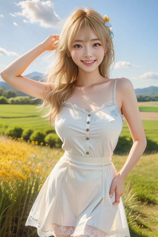 (((1若いVery detailed美しい顔))) (((Natural Makeup))),Amazing face and the best quality:1.4), (Ultra-detailed), (Very detailed CG 統合 8k 壁紙), Very detailed,3, High resolution raw color photos, Professional photography, Realistic portraits, Great face and eyes, Brown eyes,(((Wavy medium length blonde hair))), model, Depth of written boundary,,sit,smile,,(Cleavage),3,,(((Warm Orange Sunset Background))),(((Blue ruffled blouse))),(((White long skirt))),(Straw hat)
