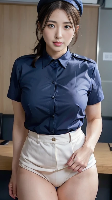 1 girl, Anissa Ichikawa, a middle-aged woman with a plump figure, turns 56 this year. (((Dressed in a Unbuttoned Police Shirt)), ((an Extra mini knee-length skirt, Pantyhose))), ((wearing hijab)), she exudes an aura of authority and beauty in this portrait. Her long hijab, Dirty messy hijab frames her face, adding to her charming appearance. Sweat beads on her forehead, hinting at the hectic nature of her work in the messy office behind her. Her upwards gaze and lustful Expression, half-open upper eyes engage with the viewer, inviting them into her world. This intriguing mix of a Japan-Indonesian native and Ex-gravure Idol wears tight clothes that reveal a hint of her upper body, (((Multiple Photos In One Frame))), (((Zooming Photos to Breast))), (((NATURAL LARGE BREAST :1.3)))