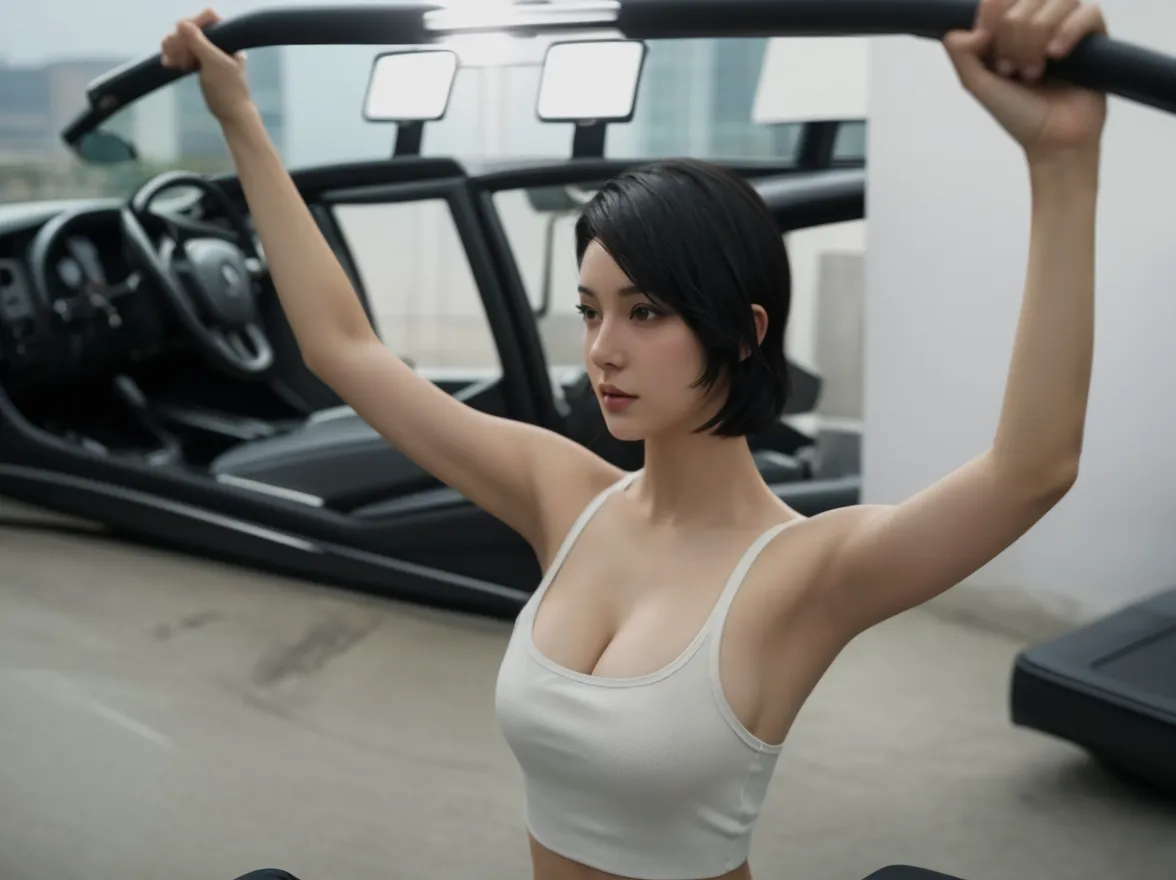 Arafed beautiful Taiwanese woman wearing light sports top and black shorts, Taiwanese beautiful girl At the gym,Strength expression,fair skin,slim, Good exercise and dark blue shorts, Wearing a sexy cropped top, cleavage,exercise, train, She is wearing a light-colored vest, Good exercise, At the gym, Good exercise and shorts, Light color tight vest, Wearing a low-cut tank top,She has a perfect body,