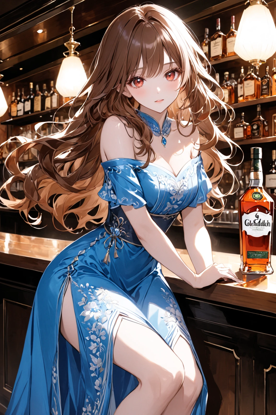 Italian girl with long curly brown hair, elegant dress sitting at a bar eating, angular face