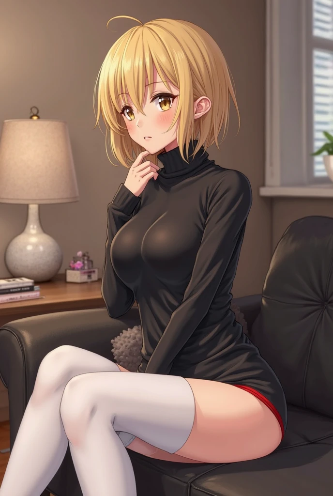 1girl, Golden hour lighting, Sweater dress, (idol), (Charming), ( short hair: 0.8), open mouth, Middle chest, ( sit on sofa:1.3), (beautiful detailed face:1.2)