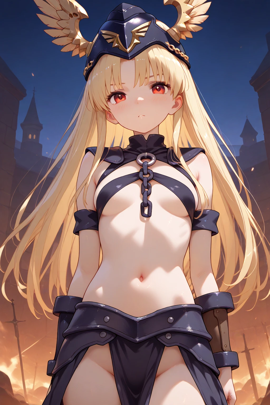 lease, blonde、long hair、bondage、thigh high boots、Photo from below、medium chest、prison、first round、Chains in both hands、embarrassed expression、fall down