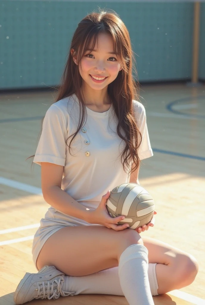 Alafed woman posing for photo, Wearing a volleyball uniform, Japanese Girls, Japanese Model, White and blue, Beautiful woman, 18-year-old, Attractive pose, Professional sports style, sporty, Attractive girl、((Sexy young woman's body:1.4)),Staring at the audience、