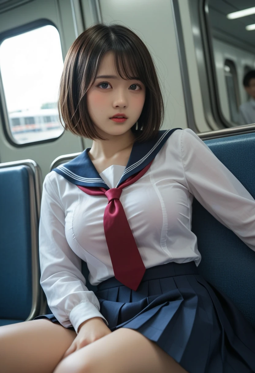 top-quality,ultra - detailed,tmasterpiece,hentail realism,Photorare,Bright lighting,1 girl in, an extremely beautiful 17-year-old girl, (kawaii:1.2),Thin smile, (Brown eyes),(Golden head hair),(short-hair),perfect glossy shiny skins,flawless skin,((erotick,Sexy and sexually explicit)),((Exact pointers,No discomfort)), large full breasts,big breasts thin waist, looking at viewert,((a sailor suit)),((Short sleeve uniform white shirt)),(Red Ribbon),(pleatedskirt),(((skirt lift by yourself))),(lifted by self),(showing panties),panties on,Panty Focus,((Sit up,Spread your legs apart)), sockes, (Black knee socks),(Loafer shoes), In the daytime,On the train,Horizontal bench seat,Turn your back to the window、wears glasses