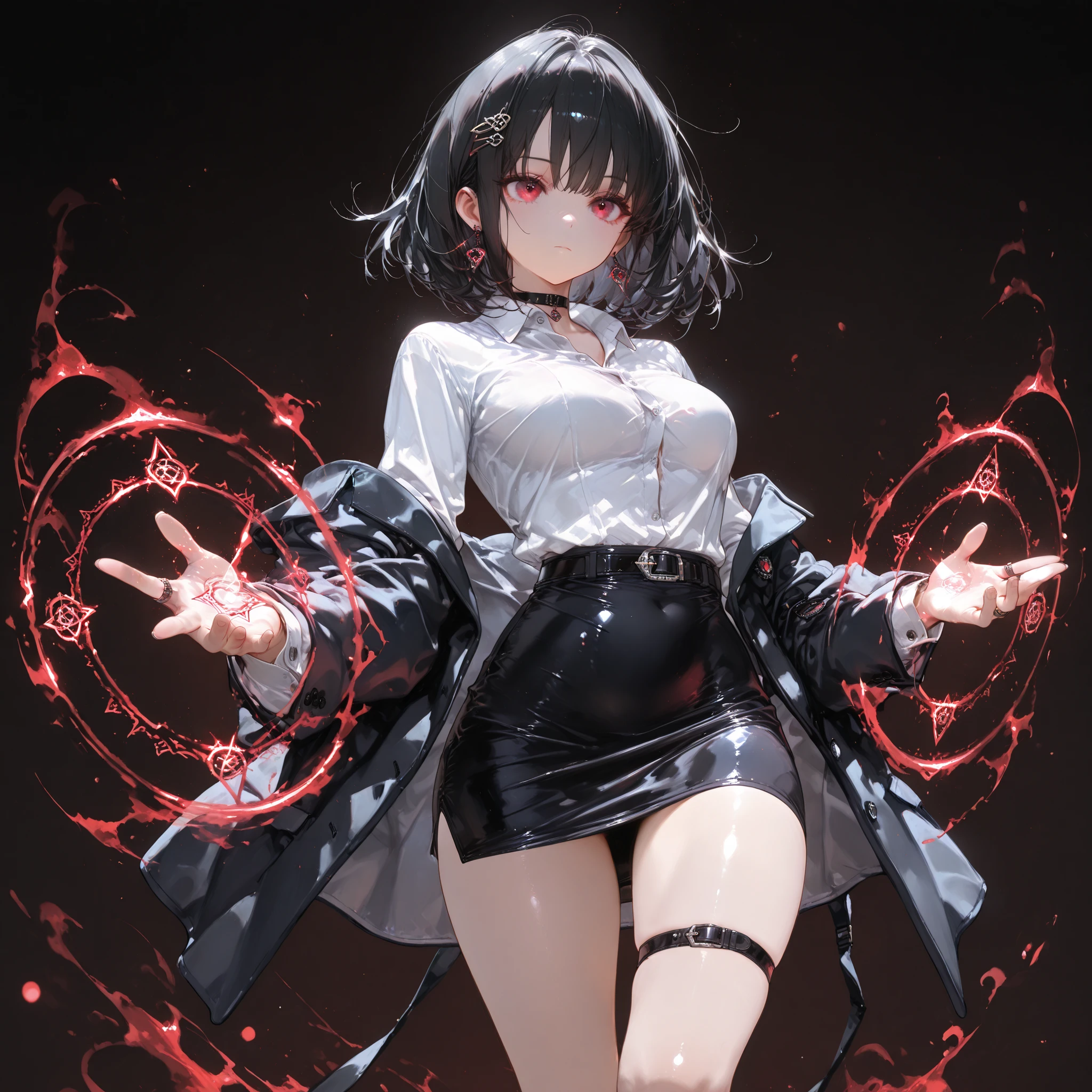 ((best quality)), ((masterpieces)), (detailed), perfect face, SOLO, ((1 girl)), ANIME, beautiful detailed eyes, BOB hair, BOBed hair, black hair, RED EYES, BARE thighs, (((BARE LEG))), ((black tight-fitting Mini office skirt)), (((dress shirt))), ((Medium Breasts)), Choker, (thigh strap), ((black uniform jacket)), expressionless, earring, (buckle), ((Tuck in the shirt)), tight Mini office skirt, Hair fluttering, magic effect, magic circle, low waist skirt, hairpin, no background, Weapon Spell Rings, unbutton a jacket, black skirt