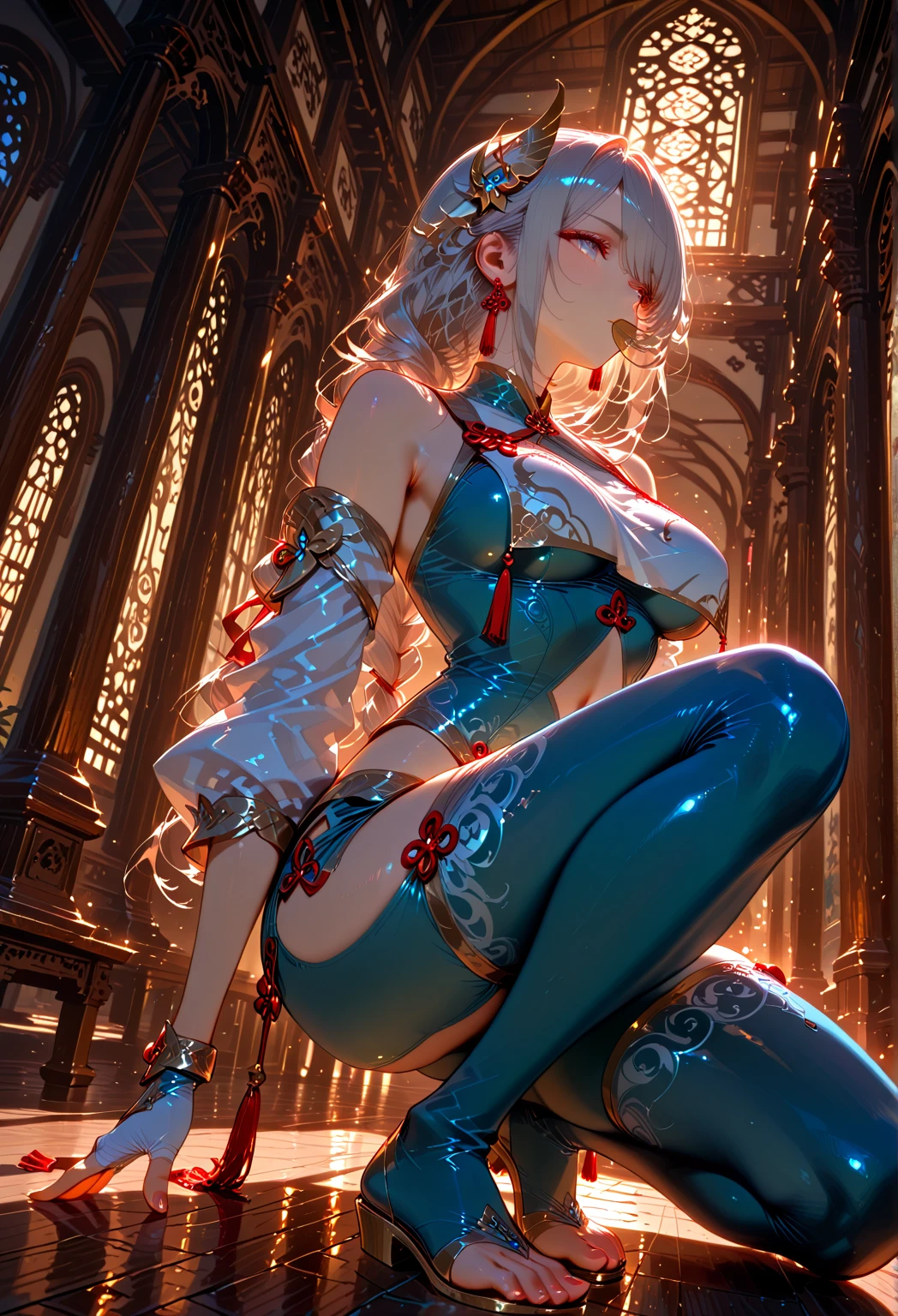 (masterpiece:1.2), (The best quality:1.2), Perfect lighting, Dark demon girl, In his twenties, arching her back in a sexy seductive slutty pose, accentuated super huge enormously big tits, neckline, beautiful open kimono, oni horns and hair ornaments, from above, cherry blossoms blowing in the wind, very long platinum white hair, sitting spreading her legs open. Shinto shrine background, deep cleavage showing